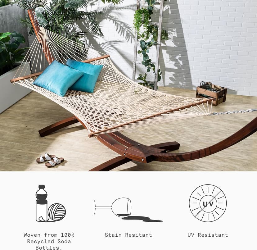 Fab Habitat Rope Recycled Polyester Hammock - Miami - Natural - Indoor/Outdoor, Quick Dry, 2 Person 400 lbs Capacity - Patio, Poolside, Backyard, Garden, Beach, Balcony - 12-14 ft Adjustable