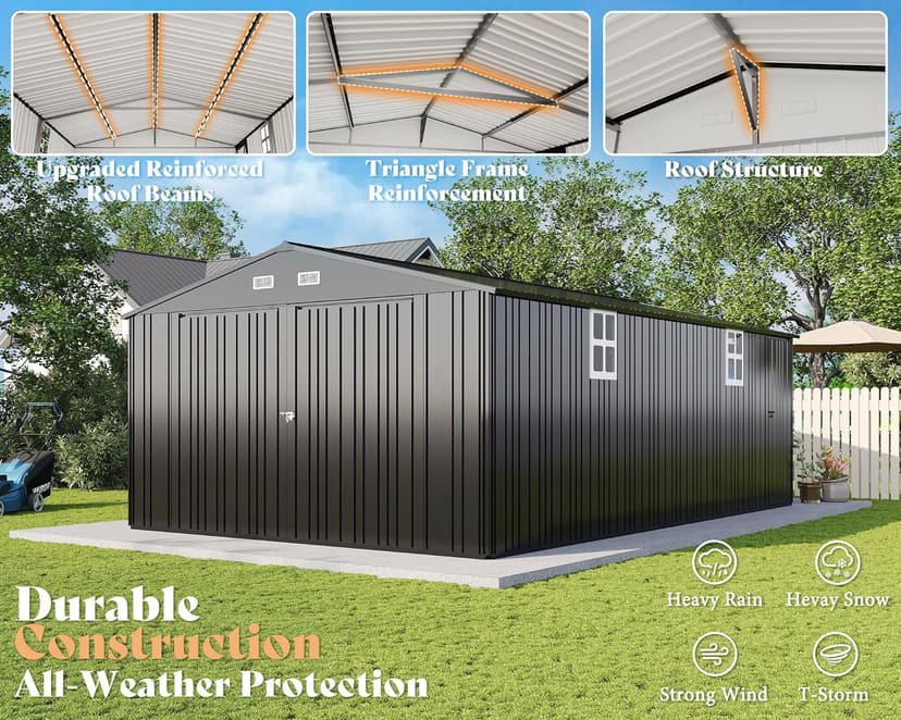 AMERLIFE 13.2x21x8 FT Outdoor Storage Shed, Huge Metal Garage Shed with 2 Double Hinged 4 Windows and Doors, Carport for Car, Truck, Bike, Garbage Can and Lawnmower, Dark Grey