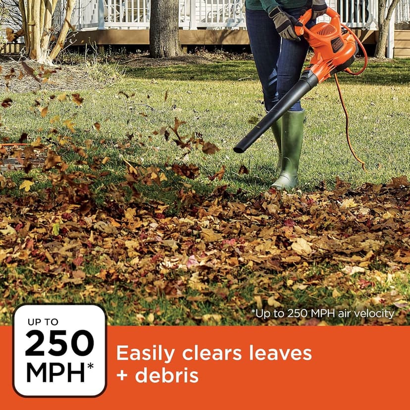 BLACK+DECKER Electric Leaf Blower, Leaf Vacuum and Mulcher 3 in 1, 250 mph Airflow, 400 cfm Delivery Power, Reusable Bag Included, Corded (BEBL7000)