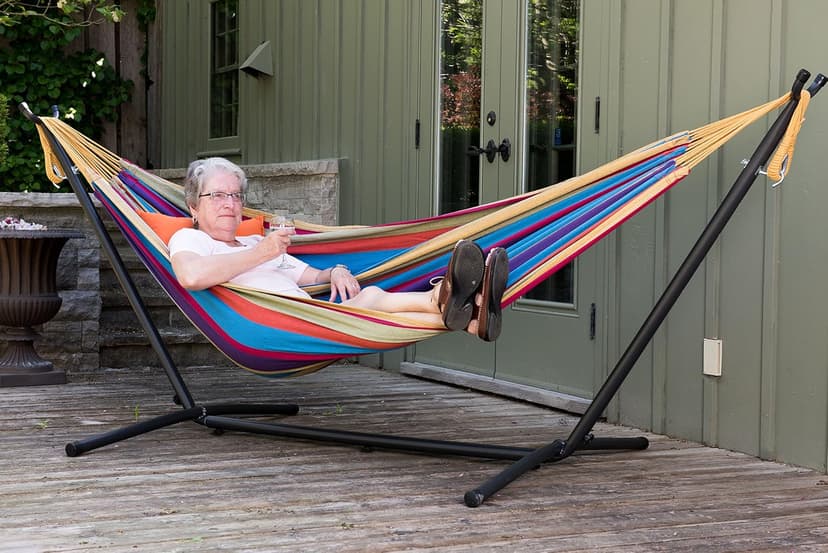 Vivere Double Cotton Hammock with Space Saving Steel Stand, Upgraded Polyester End Strings 450 lb Capacity - Premium Carry Bag Included - USA Grown Cotton (Tropical)