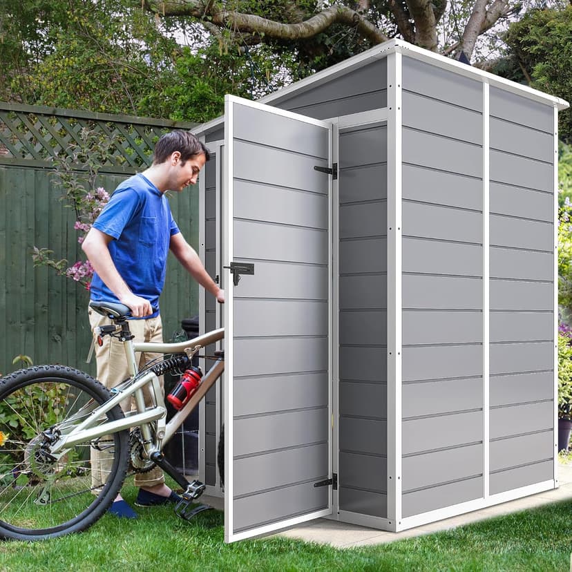 DWVO 5x4 FT Outdoor Storage Shed with Reinforced Floor, All-Weather Resin Storage Shed with Lockable Door & Window, Waterproof Plastic Tool Storage for Garden, Backyard, Patio, Lawn