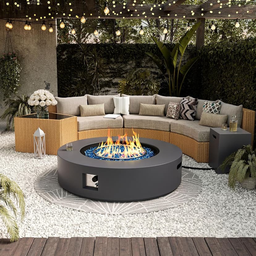 UPHA 42-inch Outdoor Propane Gas Fire Pit Table 50000 BTU Concrete Round FirePit for Outside Patio with Propane Tank Cover, Blue Glass Rocks, Rain Cover, Grey