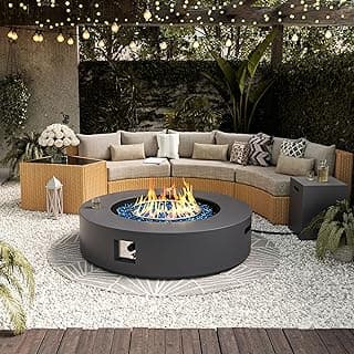 UPHA 42-inch Outdoor Propane Gas Fire Pit Table 50000 BTU Concrete Round FirePit for Outside Patio with Propane Tank Cover, Blue Glass Rocks, Rain Cover, Grey