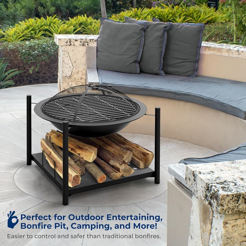SereneLife 26" Outdoor Wood Fire Pit with BBQ Grill, Mesh Screen, and Wood Storage – Heavy-Duty Steel Frame, Heat-Resistant – Ideal for Bonfires, Camping, and Outdoor Cooking