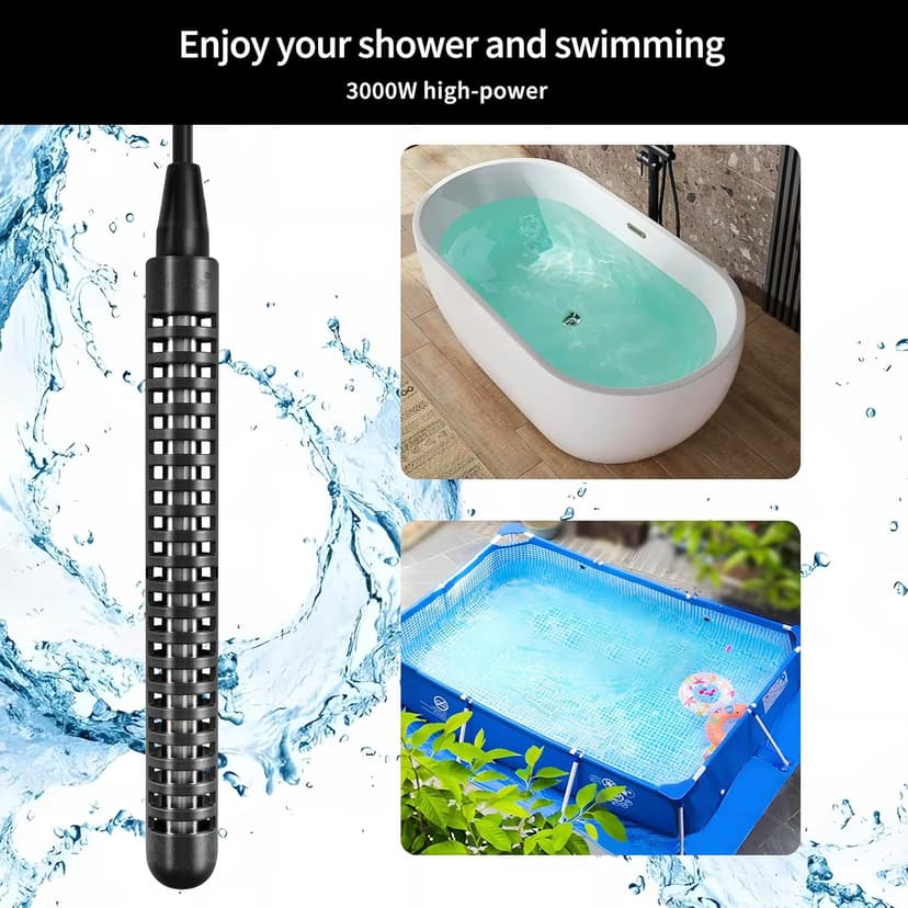 240V 3000W NEMA 6-15P Plug Immersion Bathtub and Swimming Pool Water Heater,Fully Submersible Portable Electric Heater,30 Galons Bathtub Heater,200 Galons Swimming Pool Heater,100% Waterproof