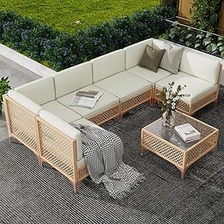 LYNSLIM 7 Piece Outdoor Patio Furniture Set, Boho Outdoor Patio Sectional Furniture Set, Wicker Outdoor Couch Set with Coffee Glass Table and Water Resistant Thick Cushions of Garden, Backyard