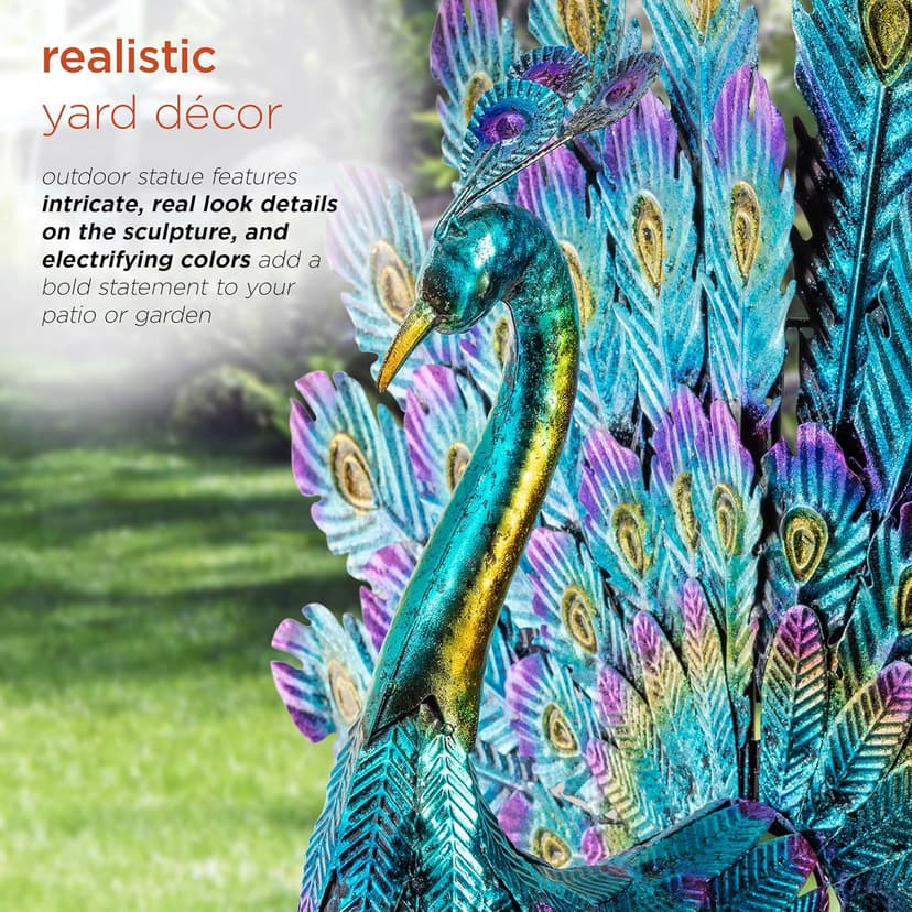 Alpine Corporation - 23" Tall Outdoor Metallic Peacock Tail Spread Yard Statue – Vibrant Garden Sculpture for Patio, Lawn, or Entryway (Multicolor)