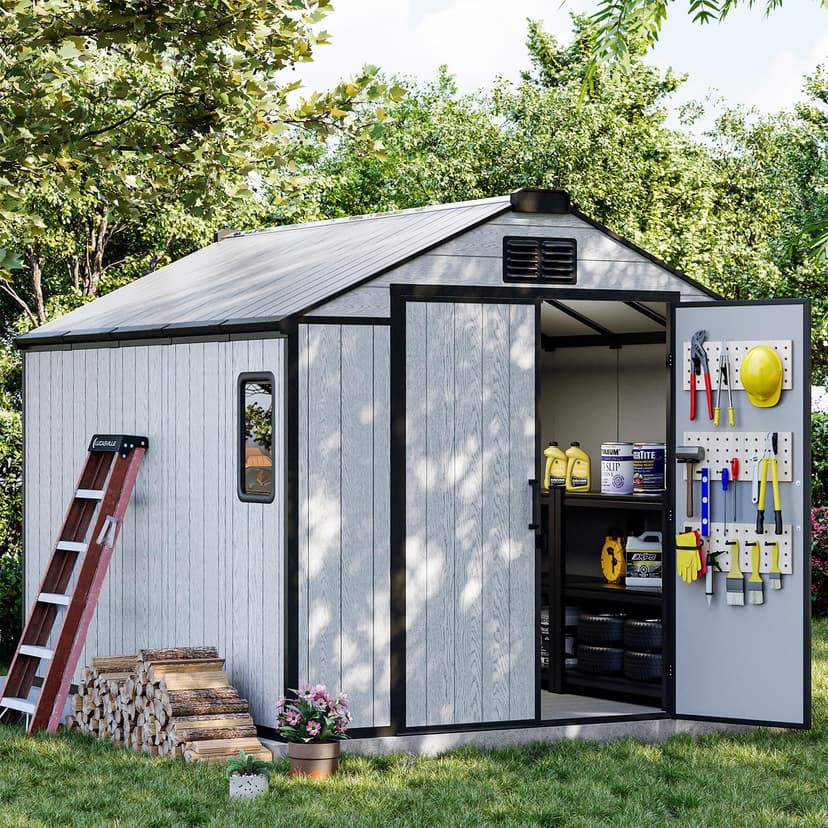 8 x 10 FT Resin Outdoor Storage Shed, All-Weather Plastic Garden Shed with Floor, Lockable Doors & Windows