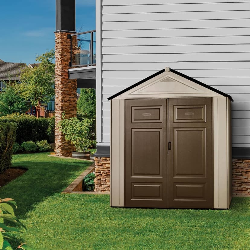 Rubbermaid Resin Outdoor Storage Shed With Floor (7 x 3.5 Ft.), Weather Resistant, Brown/Grey, Organization for Home/Lawn Mower/Backyard Equipment/Bike Storage/Pool Supplies