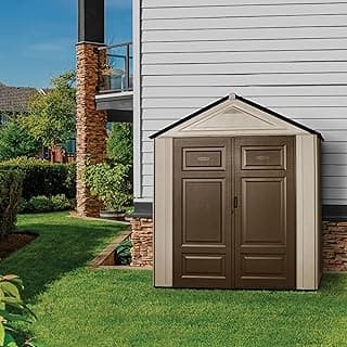 Rubbermaid Resin Outdoor Storage Shed With Floor (7 x 3.5 Ft.), Weather Resistant, Brown/Grey, Organization for Home/Lawn Mower/Backyard Equipment/Bike Storage/Pool Supplies