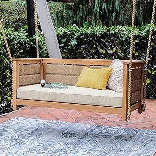 Blaine Teak Wood Porch Swing with Tan Cushion – Durable Outdoor Swing for Patio, Porch, Garden, Deck – Comfortable, Weather-Resistant Teak Swing with Cushion for Relaxation