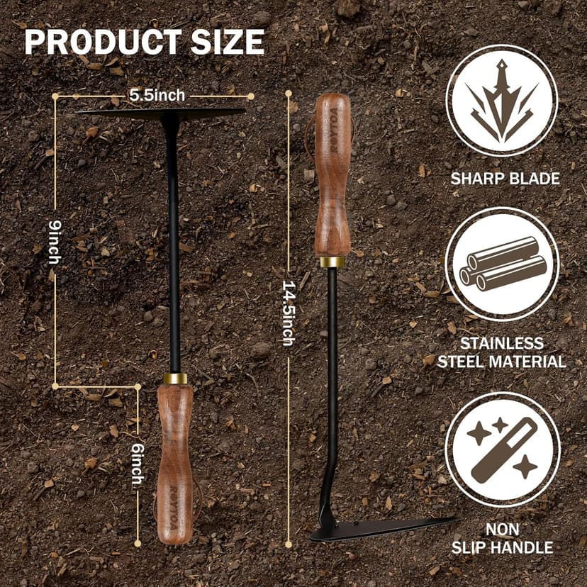 Gardening Tools Triangle Hoe Stainless Steel. Garden Hoes with Ergonomic Walnut Handle for Backyard Weeding, Loosening, Farm. Gardening Gifts for Women/Men