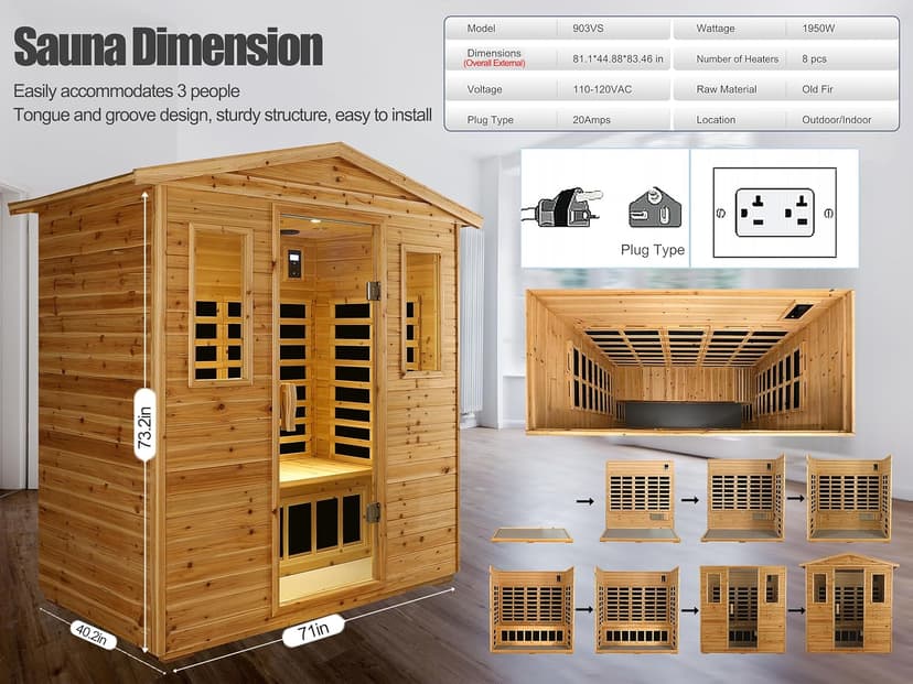 Outdoor Sauna 3 Person Infrared Sauna, Infrared Saunas for Home, 1950W Low EMF Far Infrared Sauna Old Fir Wooden Sauna with Beauty Red Light, Foldable Seat, Bluetooth, Chromotherapy Lamp, Reading Lamp