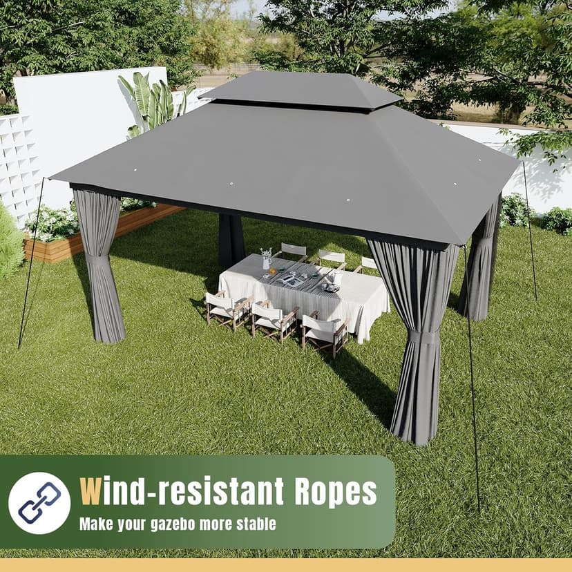 AOXUN Outdoor Gazebo for Patio 10x12, Metal Frame Canopy with Double Roofs, Heavy Duty Party Tent and Shelter with Mosquito Netting and Privacy Screen for Backyard, Lawn, Garden,Deck (Gray)