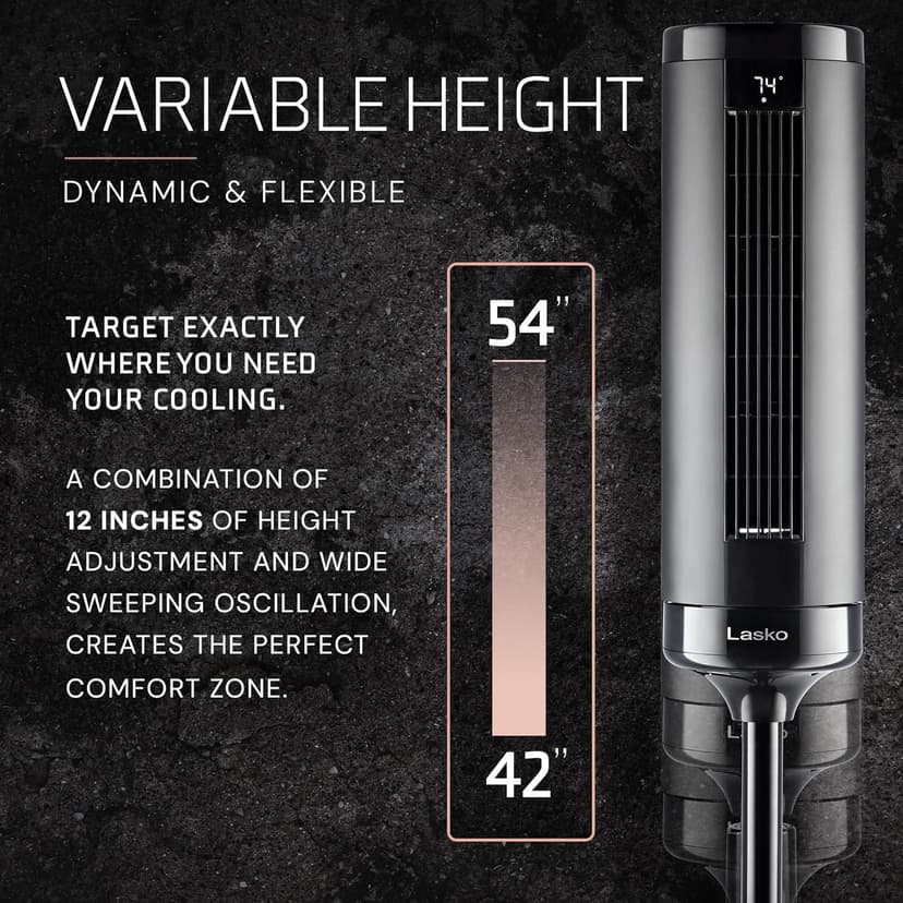LASKO Elevation 42”-54” Adjustable Height Pedestal Tower Fans for Home, 31 ft/s Airflow, Quiet 28 dB on Low, 90° Oscillation, 12 Hour Timer, Remote Control, Black, EST100