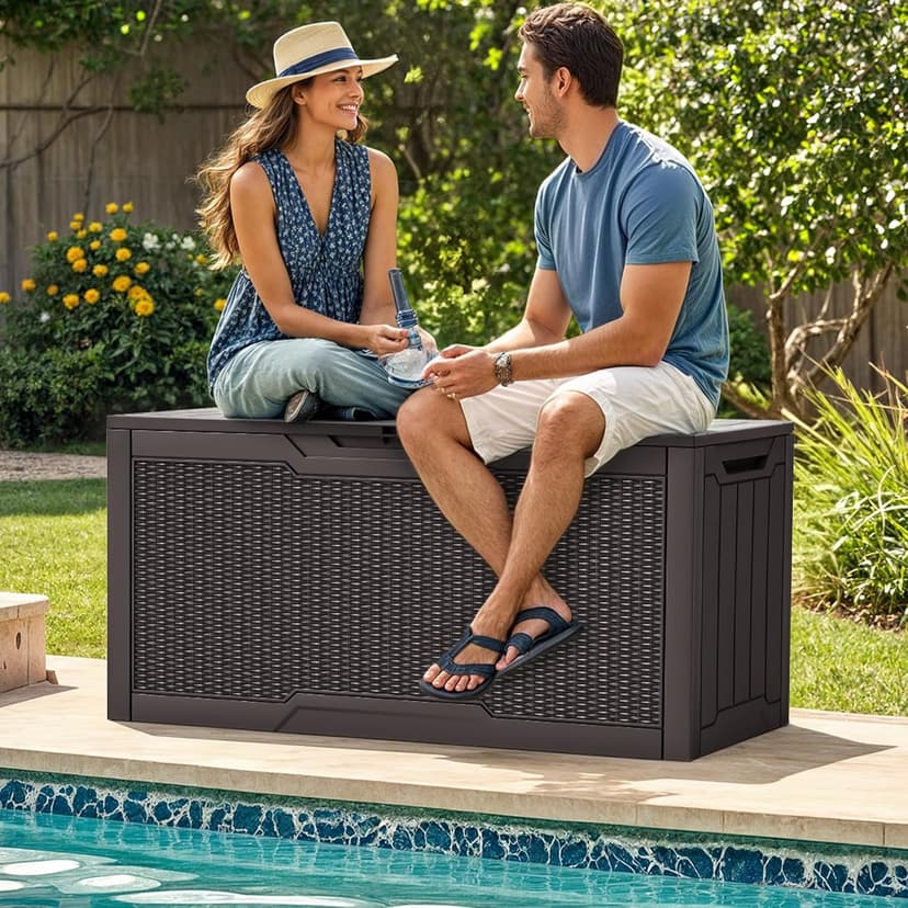 YITAHOME 80 Gallon Resin Deck Box, Weather Resistant Outdoor Rattan Storage Box, Lockable Indoor Outdoor Storage for Supplies and Essentials, Dark Brown