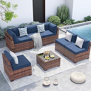 UDPATIO Patio Furniture Set,7 Pieces Outdoor Rattan Sectional Set,Modular Slanted Back Patio Conversation Set Heavy Duty Wicker Sofa for Backyard, Deck W/Coffee Table,4'' Thick Cushions,Cover,Blue