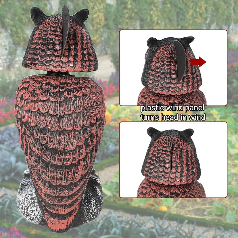 Hausse 2 Pack Fake Owl Decoys to Scare Birds Away, Rotating Head Plastic Owl Bird Deterrents, 10.6 Inch Height Bird Scarecrow Nature Enemy Horned Pest Repellent for Outdoor Garden Yard