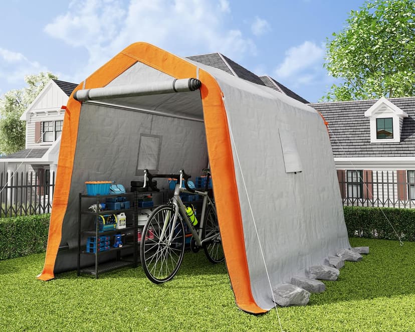 AMERLIFE 6x8x6.6 FT Heavy Duty Portable Shed Storage Shelter, Outdoor Storage Shed with 2 Waterproof Windows & Roll-up Zipper Door, Carport for Motorcycle, Bike, Grey