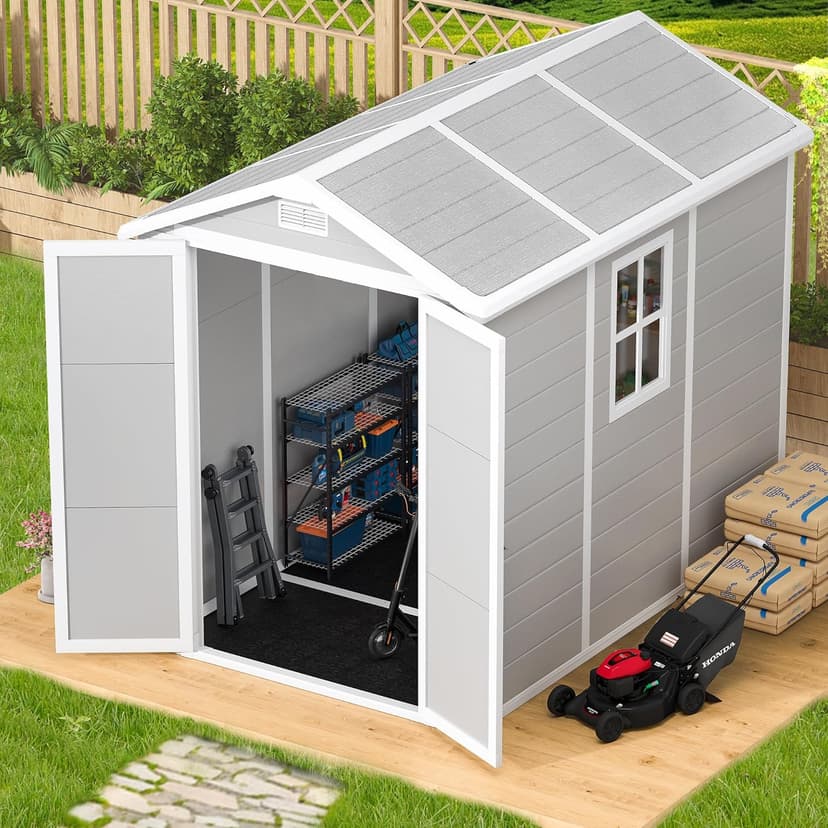 8.7x5.5 FT Outdoor Storage Shed with Floor, Weather-Resistant Resin Shed with Window, Lockable Door and Vents, Plastic Outside Tool Storage Sheds for Garden, Backyard, Lawn