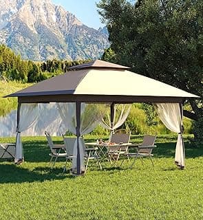 13 X 13FT Pop Up Gazebo, Canopy Tent, Gazebos on Clearance,Patio Folding Canopy with Mosquito Netting - Backyard Tent for Party, Wedding, Outdoor Dining, Patio, Backyard(Khaki+Light Khaki)