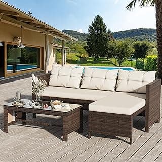 Shintenchi Outdoor Patio Furniture Sets, Wicker Patio sectional Sets 3-Piece, All Weather Wicker Rattan Patio Seating Sofas with Glass Coffee Table and Cushion (Beige)