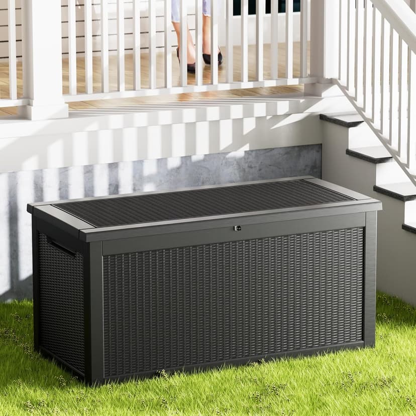 260 Gallon Lockable Resin Deck Box, Waterproof Outdoor Storage Box for Patio Furniture, Garden Tools, Pool Accessories, UV-Resistant Outside Delivery Black