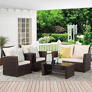 Wisteria Lane 4 Piece Outdoor Patio Furniture Sets, Wicker Conversation Set for Porch Deck, Brown Rattan Sofa Chair with Cushion