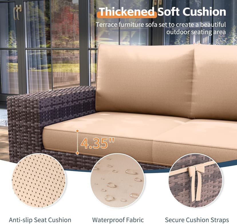 UDPATIO 7 Piece Patio Furniture Set with Fire Pit Table, 8''Wide Armrest Modular Rattan Outdoor Sectional Sofa Set,Wicker Patio Conversation Sets for Backyard,Deck w/ 4'' Cushions,Cover(Brown/Khaki)