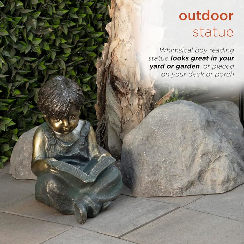 Alpine Corporation 19" Tall Indoor/Outdoor Boy Sitting Down Reading Book Statue Set Yard Art Decoration