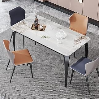 Dining Table, Sintered Stone Kitchen Table, 55'' White Modern Rectangular Slate Patio Table with Metal Legs, Indoor Outdoor Stone Dining Table for Patio, Backyard, Scratch and Heat Resistant