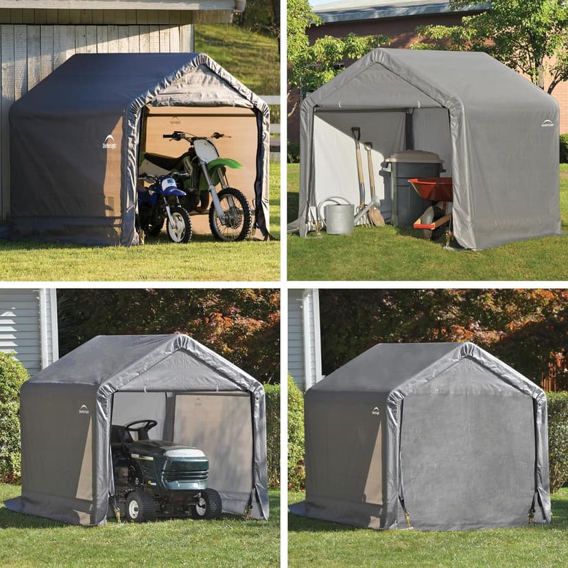 ShelterLogic 6' x 6' Shed-in-a-Box All Season Steel Metal Peak Roof Outdoor Storage Shed with Waterproof Cover and Heavy Duty Reusable Auger Anchors, Grey