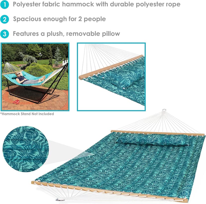 Sunnydaze Quilted Outdoor Hammock with Spreader Bars - Heavy-Duty 450-Pound Capacity Double Hammock for Outside - Cool Blue Tropics