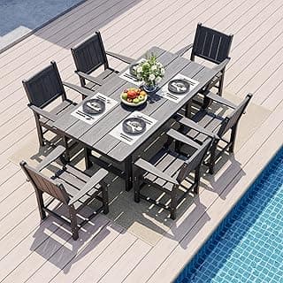 Pamapic 7 PCS Outdoor Dining Set, 450 LBS HDPE Outdoor Table and Chairs, Wood Grain Patio Dining Sets with Elegant Armrest, All-Weather Outdoor Dining Table with Umbrella Hole, Gray