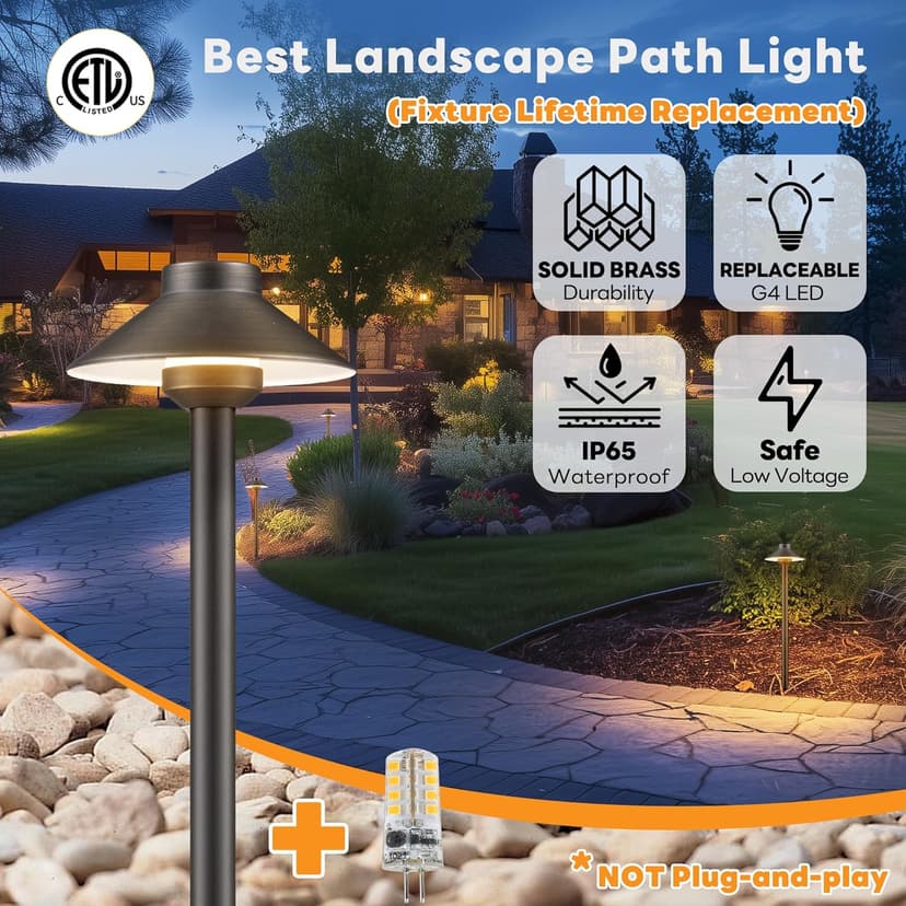 Brass Low Voltage Landscape Lighting - 12V LED Path Lights IP65 Waterproof, Hard-Wired Pathway Light Bronze for Outside Walkway Garden with 3W 2700K Warm White G4 Replaceable Bulb (6 Pack)