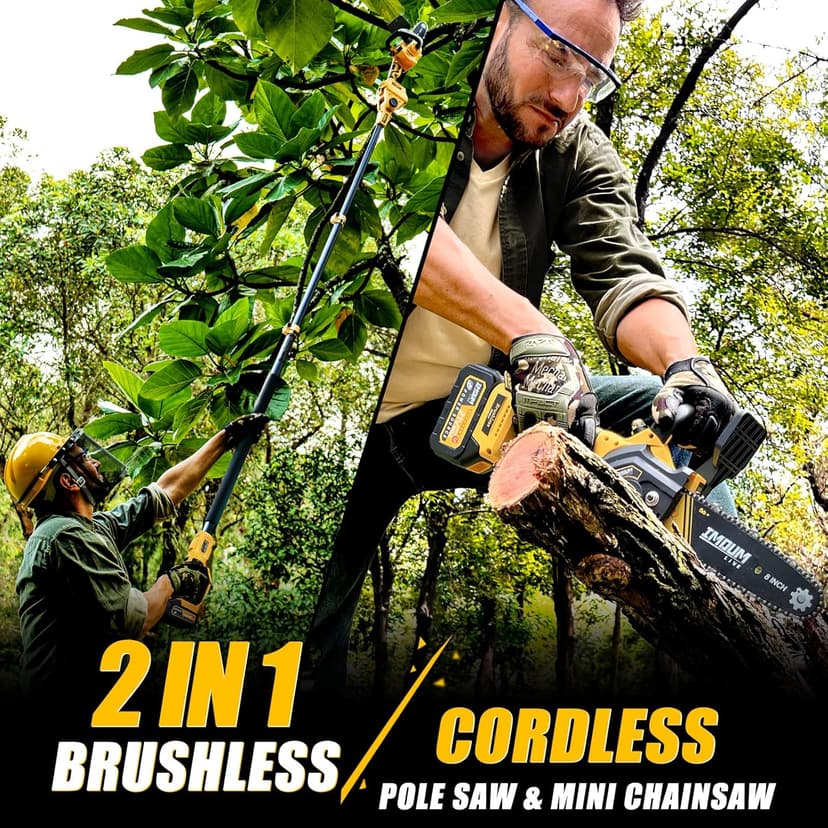 IMOUMLIVE 2-IN-1 Cordless 8 Inch Pole Saw & Chainsaw, 21V 3Ah Battery, 14.7ft Max Reach, 8.3lb Lightweight, Powered Pole Saws for Tree Trimming, Tree Trimmer for Branch Cutting