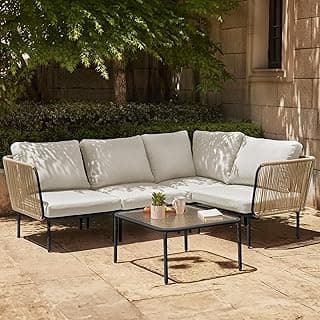 EAST OAK 5-Piece Montauk Modular Patio Furniture Set, Outdoor Corner Sofa with Cushion and Glass Coffee Table, Modern Patio Conversation Set for Garden, Backyard and Porch, Beige & Grey