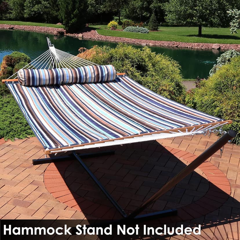 Sunnydaze Quilted Outdoor Hammock with Spreader Bars - Heavy-Duty 450-Pound Capacity Double Hammock for Outside - Ocean Isle
