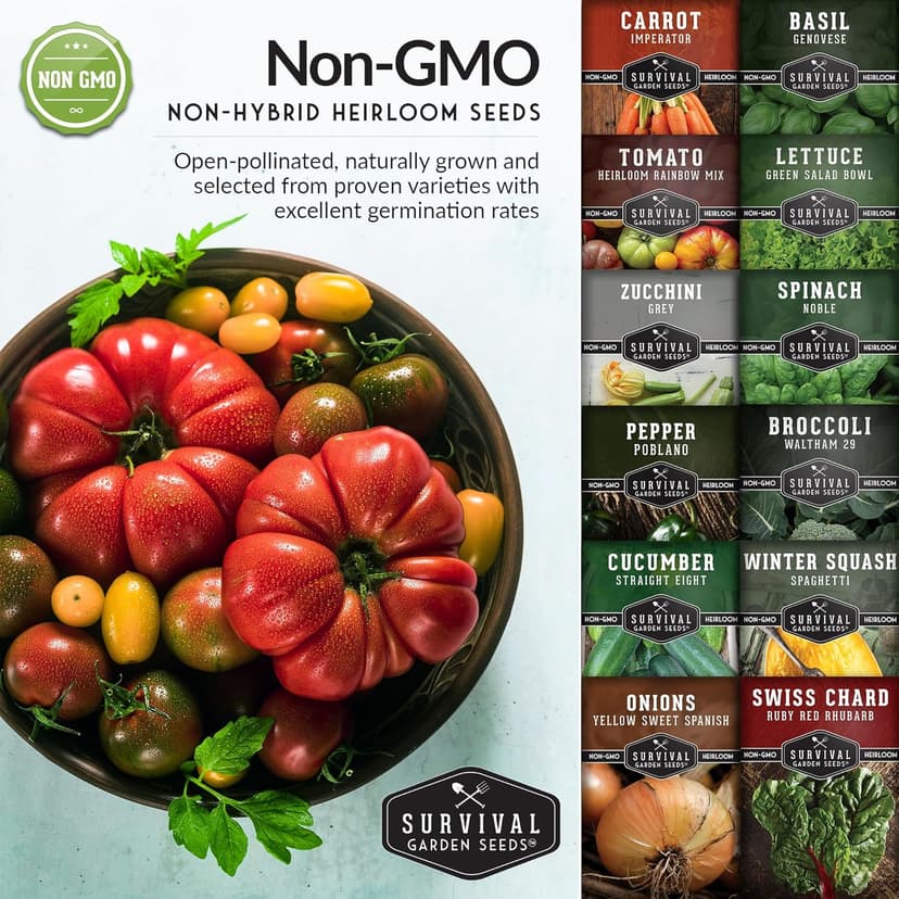 12 Vegetable Seed Variety Pack - Broccoli, Carrot, Basil, Lettuce, Onion, Pepper, Swiss Chard, Tomato, Cucumber, Spinach, Zucchini, Spaghetti Winter Squash - Non-GMO Heirloom - Survival Garden Seeds