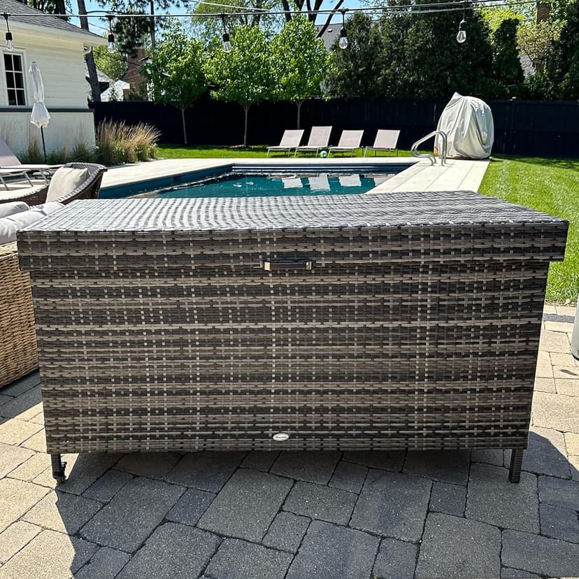 YITAHOME 200 Gallon Large Wicker Deck Box w/Storage Net, Rattan XL Outdoor Storage Box Patio Cushion Storage, Waterproof Storage Box for Patio Furniture, Garden Tools, Pool Sports Equipment (Grey)