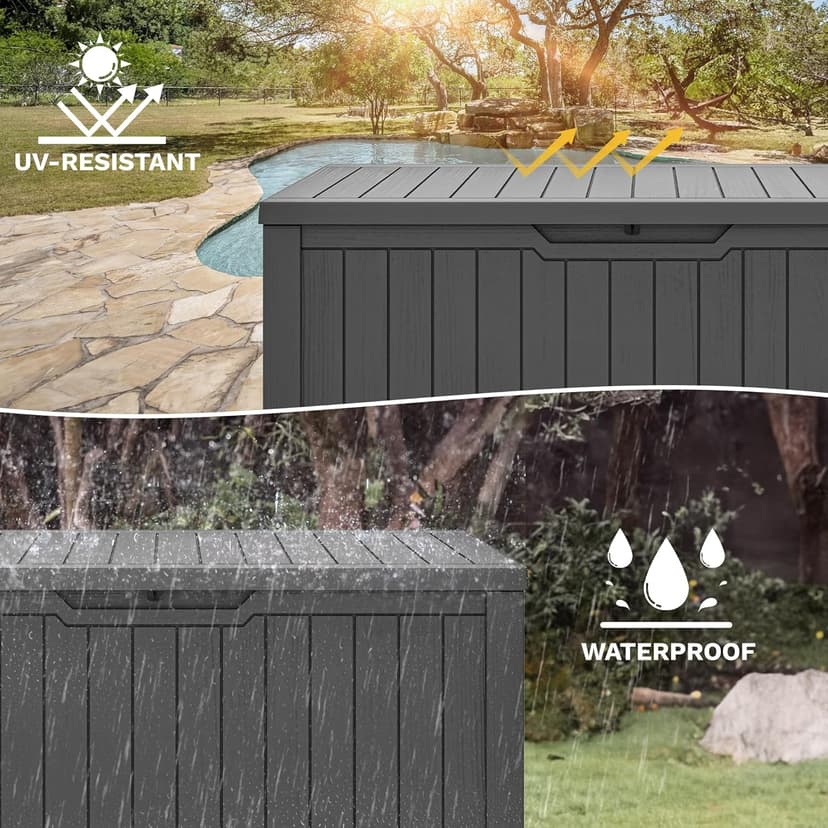 DWVO 120 Gallon Outdoor Storage Deck Box, Weather-Resistant Resin, Versatile for Patio Furnishings, Outdoor Cushions, Garden Tools, and Sports/Pool Gear (Dark Gray)