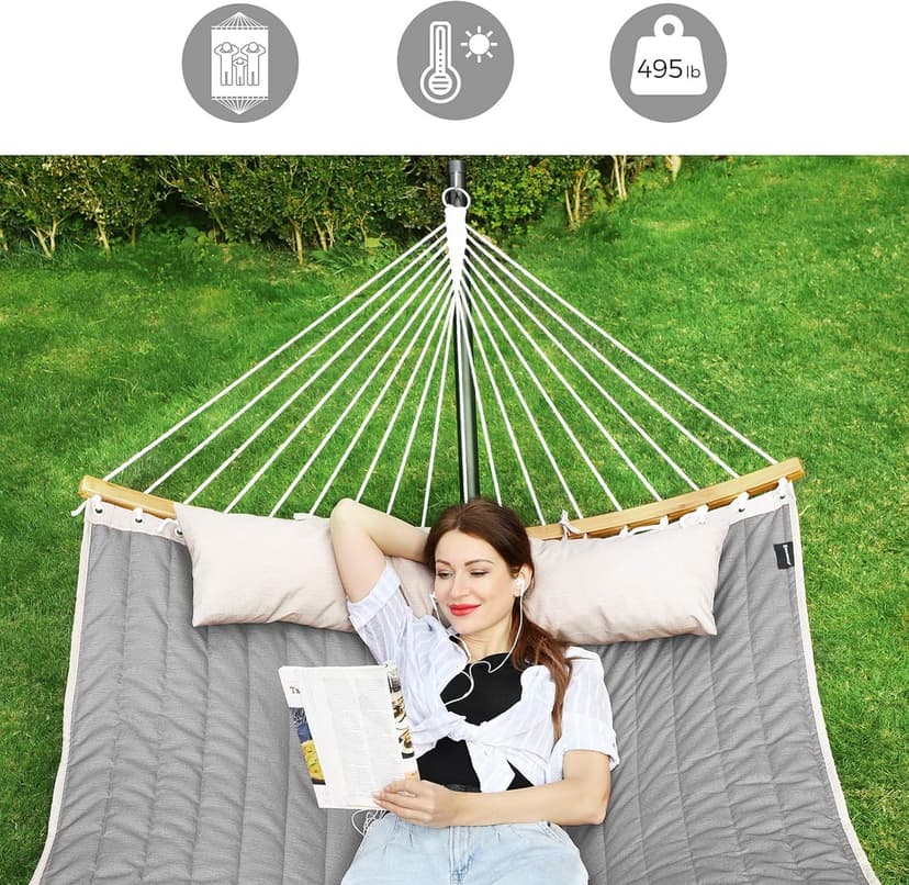 SONGMICS Hammock, Quilted Hammock with Curved Bamboo Spreaders, Pillow, 78.7 x 55.1 Inches, Portable Padded Hammock Holds up to 495 lb, Gray and Beige UGDC34CG