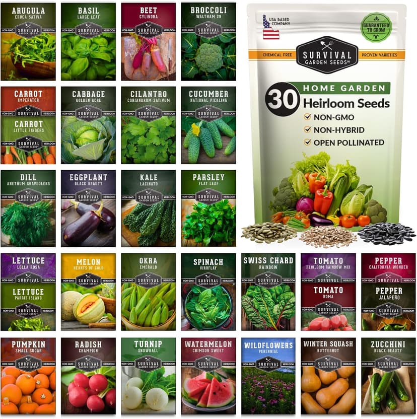 Survival Garden Seeds Home Garden 30 Variety Pack - 18,500+ Heirloom Vegetable, Fruit Seeds - Non-GMO, Non-Hybrid, Open-Pollinated for Outdoor & Indoor Gardens, Prepping, Hydroponics, Survival Food