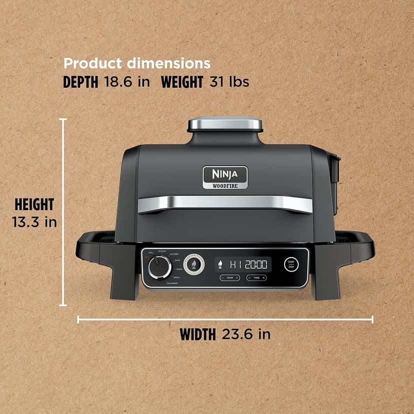 Ninja | Woodfire Series | 7-in-1 (Grill, BBQ, Roast, Air Fry, Dehydrate, Broil, Smoke) | Portable & Weather Resistant | Cook Up To 6 Steaks & 30 Hot Dogs | Woodfire Pellets included | OG701