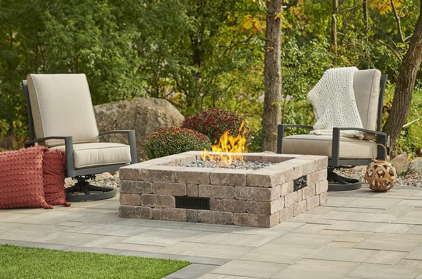 Outdoor GreatRoom Co Propane Fire Pit Kit - 51 Inch Square Bronson DIY Bonfire Gas Fire Pits for Outside Patio - Includes 64 Stone Paver Blocks, 42" Firepit Burner, Tumbled Lava Rock, 105,000 BTU