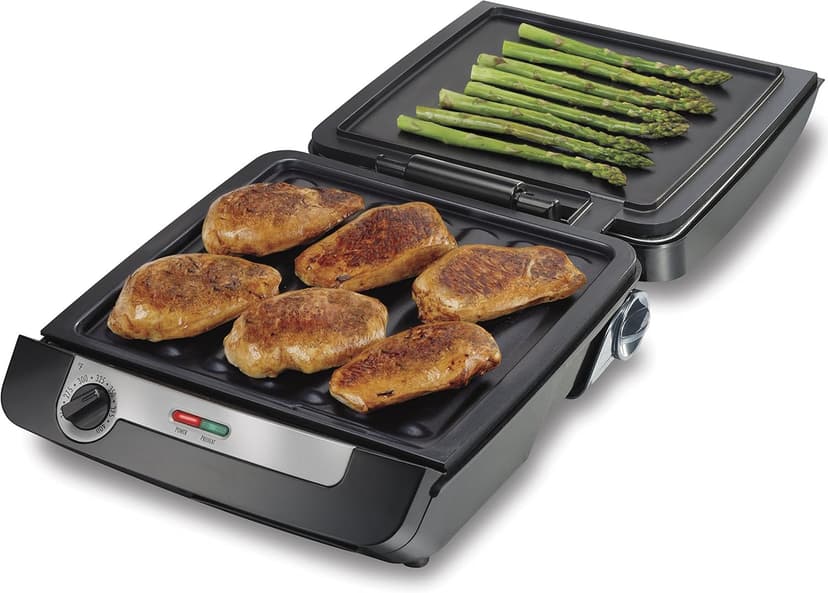 Hamilton Beach 4-in-1 Indoor Grill & Electric Griddle Combo with Bacon Cooker, Opens Flat to Double Cooking Surface, Removable Nonstick Plates, Black & Silver (25601)