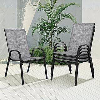 Outdoor Stackable Chairs Set of 4, Stacking Patio Chairs with Textilene Fabric, Outside Furniture for Garden Backyard Balconie Poolside Deck, Grey