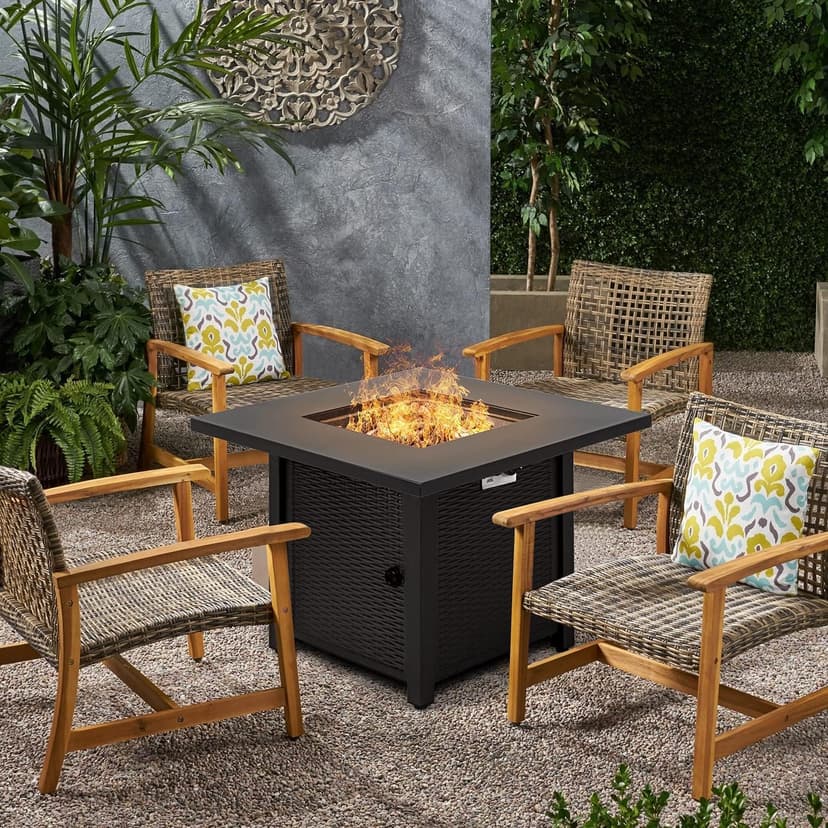 Devoko 28 inch Patio Propane Fire Pit 50,000 BTU Outdoor Gas FirePit Table with Lid and Lava Rock for Garden, Courtyard and Backyard, Black