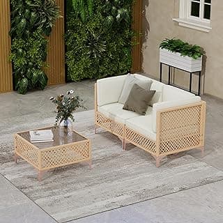 LYNSLIM 3 Pieces Patio Furniture Set, Wicker Outdoor Patio Sectional Set, Boho Outdoor Furniture Couch with Water Resistant Thick Cushions and Coffee Glass Table of Garden, Backyard
