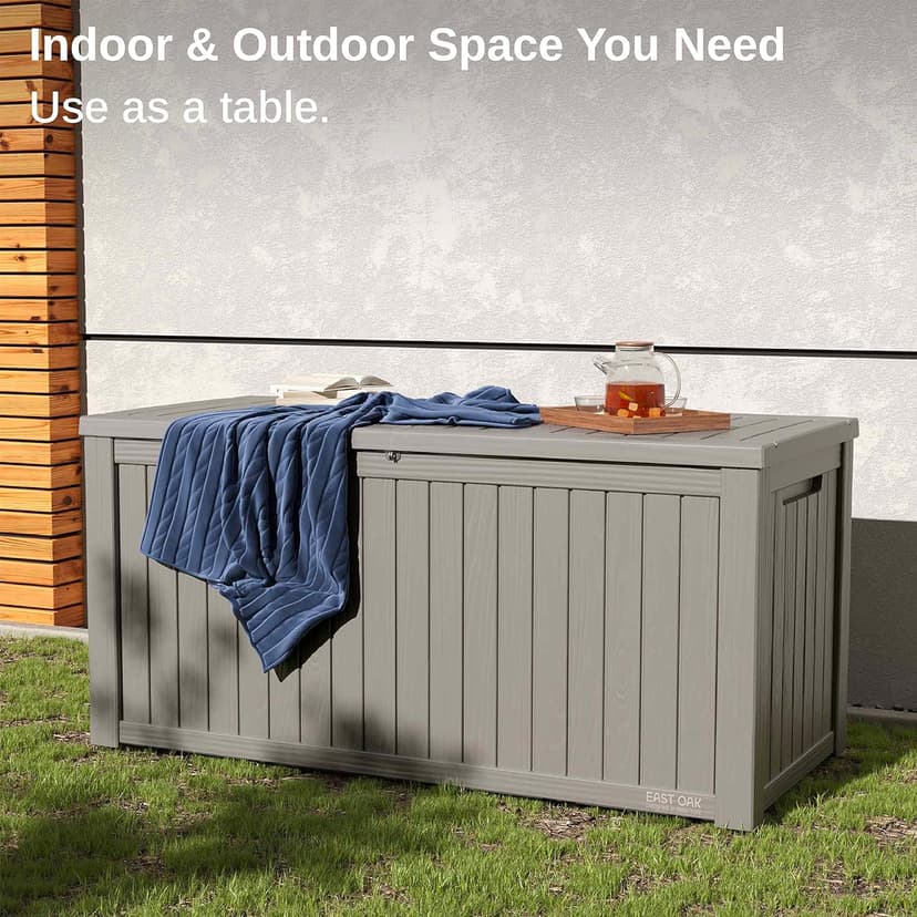 EAST OAK Outdoor Storage Box, 180 Gallon Deck Box, Large Resin Storage Bin for Patio Cushions, Gardening Tools, Lockable, Waterproof and UV Resistant, Grey
